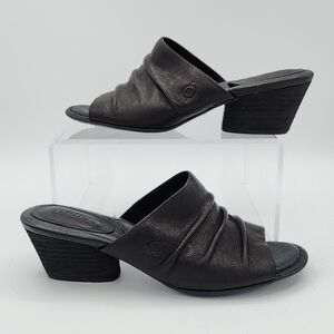 Born Black Mules Size 6 M Ruched Leather  with Stacked Heels Peep Toe womens